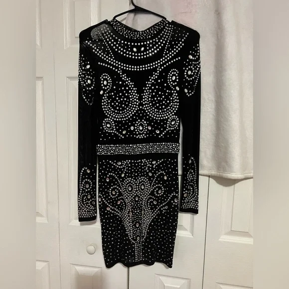 knee length dresses for ladies Nude Sheer Mesh Rhinestone Halter Mini Dress – Hot Miami Styles main image 0